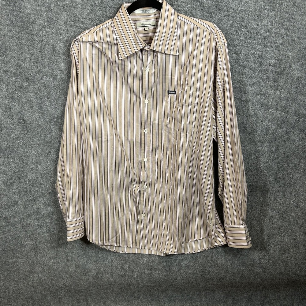 Faconnable French Design Tan Striped Cotton Dress Shirt Mens Large L Long Sleeve
